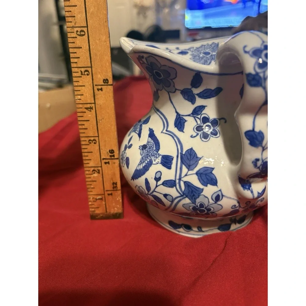 Vintage Andrea by Sadek Blue and White Ceramic Pitcher Birds & Floral 6